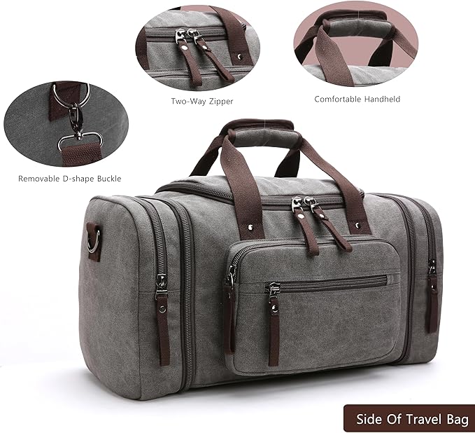 Duffle Bag for Travel,Overnight Weekend Gym Carry On Luggage Bag, 50L Travel Bag for Men Women, Expandable Spacious Travel Duffel Bag,Expandable spacious large capacity, Waterproof canvas (grey)