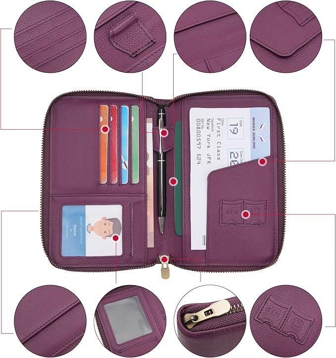 WASON Leather Zipper Travel Passport Wallet Holder RFID Blocking Cover, Passport case Pocket Slot for Card, Cash, ID, Boarding Pass and Ticket for Men, Women and Family Trips (Purple)