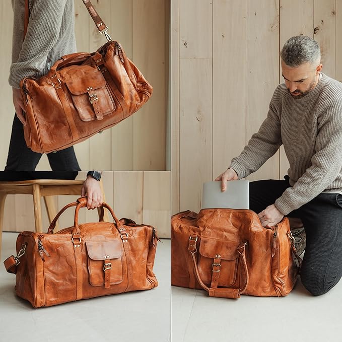 Berliner Bags Vintage Genuine Leather Duffle Bag New York XL for Travel or the Gym, Weekender, Travel Bag, Overnight Bag for Men and Women - Brown