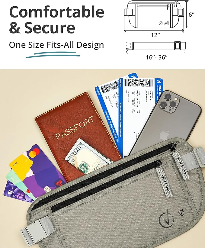 Vantamo Money Belt with RFID For Men & Women, Hidden Passport Holder for Travel, 2 Compartment Travel Fanny Pack for Women Anti Theft