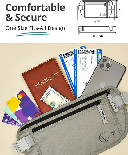Vantamo Money Belt with RFID For Men & Women, Hidden Passport Holder for Travel, 2 Compartment Travel Fanny Pack for Women Anti Theft