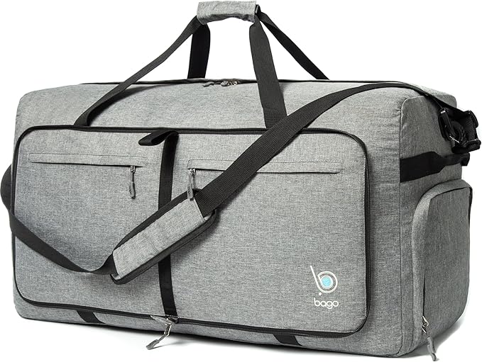 Bago Large Foldable Duffel Bags for Traveling Women & Men - 120L Packable Duffle Bag for Travel with Shoe Compartment - Water Repellant, Heavy Duty, Lightweight Folding & Collapsible (SnowGray)