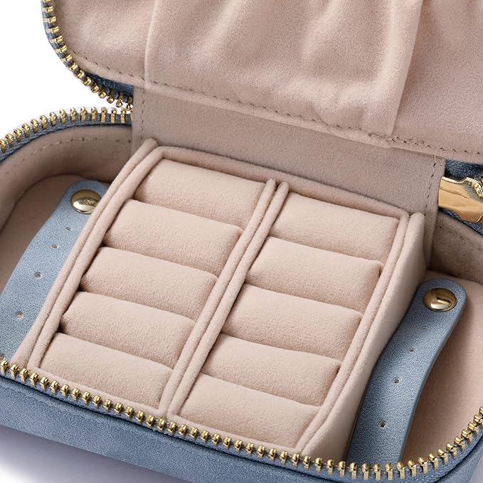 HISCOW Vegan Leather Travel Jewelry Case with Zipper - Portable Necklace & Earring Holder Organizer for Women Girls, Velvet-Lined Ring Box with Anti-Tarnish Design, Baby Blue
