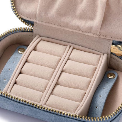 HISCOW Vegan Leather Travel Jewelry Case with Zipper - Portable Necklace & Earring Holder Organizer for Women Girls, Velvet-Lined Ring Box with Anti-Tarnish Design, Baby Blue