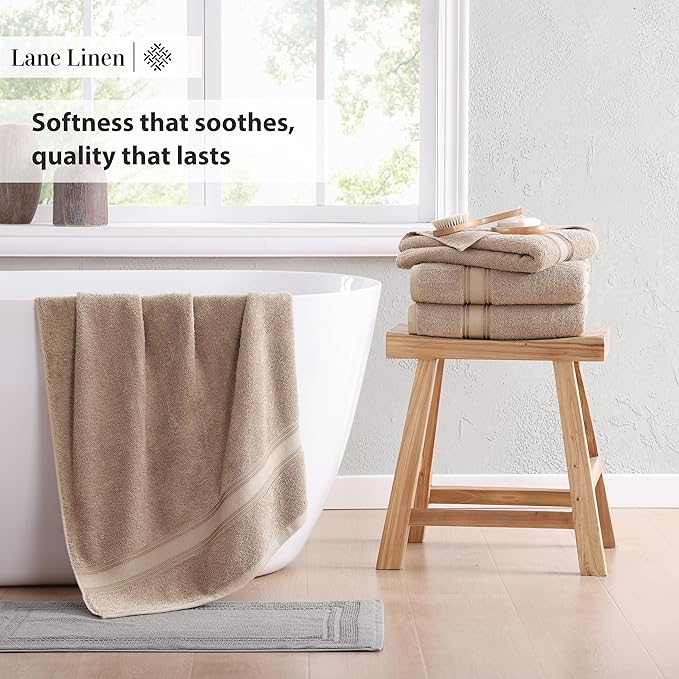 LANE LINEN 100% Cotton Bath Towels Set of 4 (28"x54") - Zero Twist, Cotton Bathroom Towel Sets - Quick Dry, Highly Soft & Absorbent Large Shower Towels for Bathroom - Sustainabaly Produced - Taupe