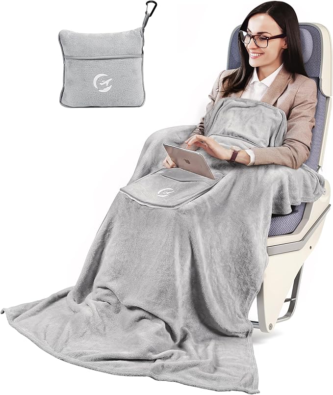 Tirrinia Travel Blanket Airplane Compact with Bag - Cozy Travel Pillow Blanket for Long Flight, Airplane Travel Essentials, Packable and Lightweight Travel Blanket and Pillow Set for Kids & Adults,