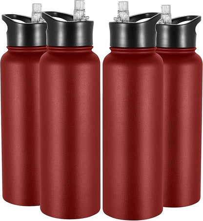 VEGOND 40 oz Insulated Water Bottle Bulk Stainless Steel Metal Water Bottles with Leak Proof Straw Lid & Spout Lid, Wide Mouth Double Walled Vacuum Travel Sports Bottle, Red 4 Pack