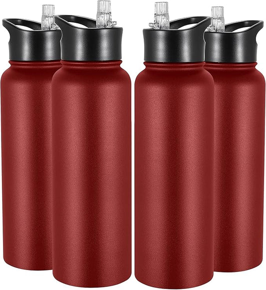 VEGOND 40 oz Insulated Water Bottle Bulk Stainless Steel Metal Water Bottles with Leak Proof Straw Lid & Spout Lid, Wide Mouth Double Walled Vacuum Travel Sports Bottle, Red 4 Pack