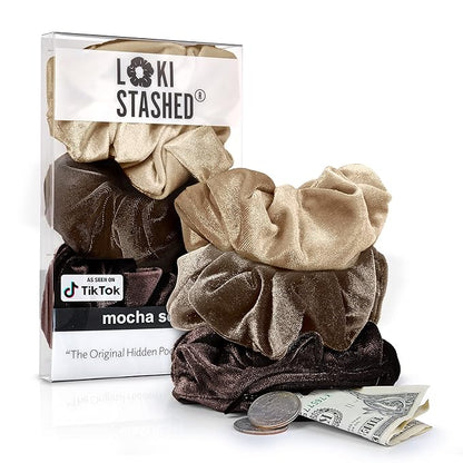 3-PACK Velvet Hair Tie Scrunchies for VSCO Girls & Women, THE ORIGINAL HIDDEN POCKET SCRUNCHIE with Zipper Pocket Storage, Accessories, Small Items, Keys, Money (Mocha Set)