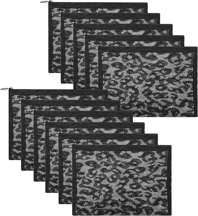 12 Pieces Zipper Nylon Mesh Pouch, Mesh Cosmetic Bags Makeup Bags Pencil Case, Multipurpose Travel Bags for Cosmetic School Office Supplies and Travel Accessories (Black Lace, A5)