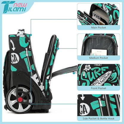NEW TILAMI 19 Inch Rolling Backpack with Lunch Bag for Girls Boys Wheeled Laptop Backpack Durable Carry-on Bag School Travel, Beach Surf Rider