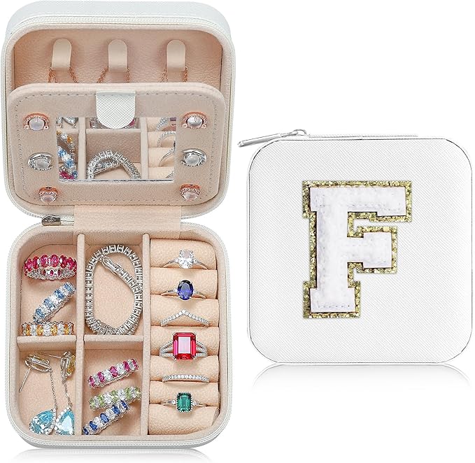 Parima Bridesmaid Gifts for Wedding Day | Unique Proposal Gifts | Travel Jewelry Case - Letter F, White