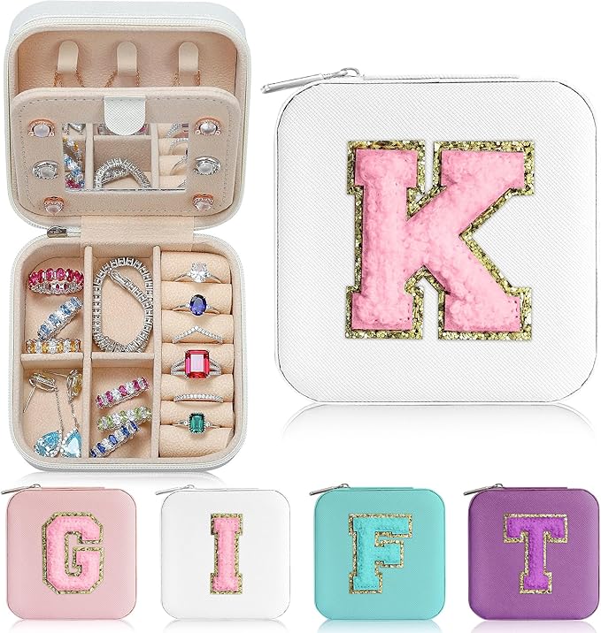 Parima Stocking Stuffers for Teen Girls - Gifts for Women Personalized Jewelry Case Jewelry Boxes for Women Birthday Gifts for Mother Travel Gifts for Her Mothers Day Gift - Letter K, White