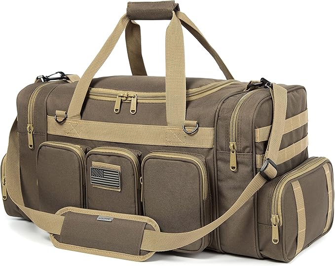 Tactical Range Duffel Heavy Duty Military Molle Gear Travel Sports Gym Bag Lockable Zippers with US Flag Patch (27 In Khaki)