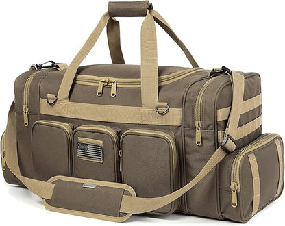 Tactical Range Duffel Heavy Duty Military Molle Gear Travel Sports Gym Bag Lockable Zippers with US Flag Patch (27 In Khaki)