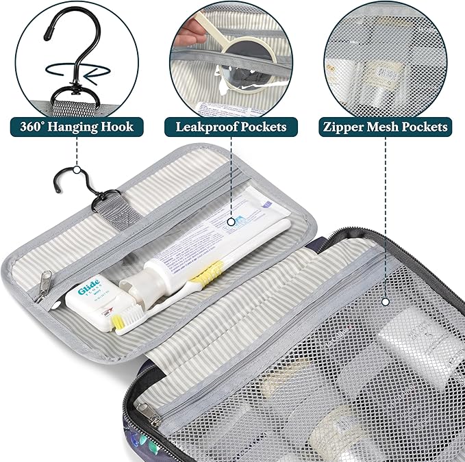 PAVILIA Hanging Toiletry Bag Travel Bag Women Men, Foldable Cosmetic Organizer, Roll up Makeup Bag, Water Resistant Accessories Toiletries, Large Travel Essentials Kit (Grey Floral)