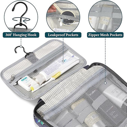 PAVILIA Hanging Toiletry Bag Travel Bag Women Men, Foldable Cosmetic Organizer, Roll up Makeup Bag, Water Resistant Accessories Toiletries, Large Travel Essentials Kit (Grey Floral)