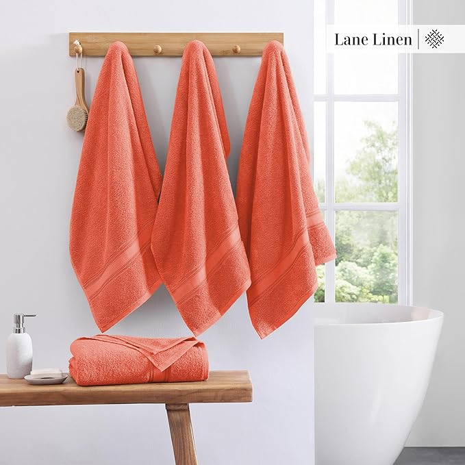 LANE LINEN 100% Cotton Zero Twist, Bath Towels (28"x54") - 4 Pieces - Large Towels for Bathroom - Quick Drying, Soft & Absorbent Large Shower Towel Set - Used in Gym, Hotel, Spa, Home - Living Coral