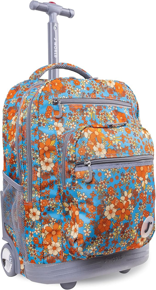 J World Sundance Laptop Rolling Backpack for Girls Boys. Roller Bookbag with Wheels, Retro Bloom