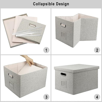 4-Pack Modern Minimalist Beige Collapsible Linen File Folder Box Office Document Storage Filing Bin with Lid for Letter Legal Size Hanging Folders