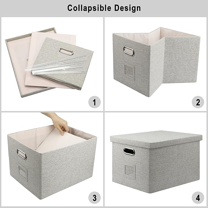 File Organizer Box, Collapsible Storage Filling Collectior with Lid for Letter Legal Size Hanging Folders Decorative Linen File Folder Box Document Storage Filing Bin, Beige 2 Pack