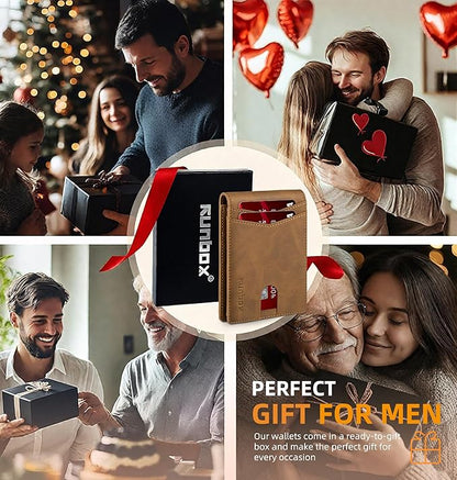 RUNBOX Wallet for Men Slim Rfid Leather 2 ID Window With Gift Box