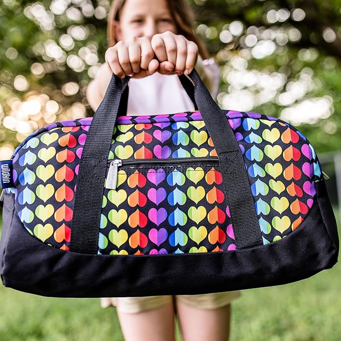 Wildkin Kids Overnighter Duffel Bag – Carry-On Size, Ideal for School & Sleepovers – Rainbow Hearts