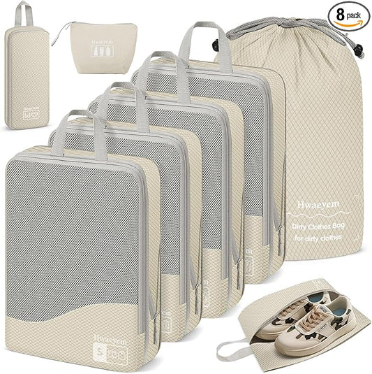 Compression Packing Cubes 8 Set, Dual Zipper Compression Packing Cubes for Travel, See-Through Mesh Packing Bags for Suitcases, packing cubes with shoe bag (Beige)