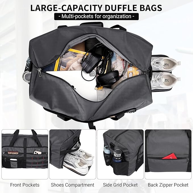 WITZMAN Foldable Duffle Bag for Travel 65L Lightweight Packable Duffel Bag with Shoes Compartment Overnight Bag for Men Women (B697 Silvery Grey)