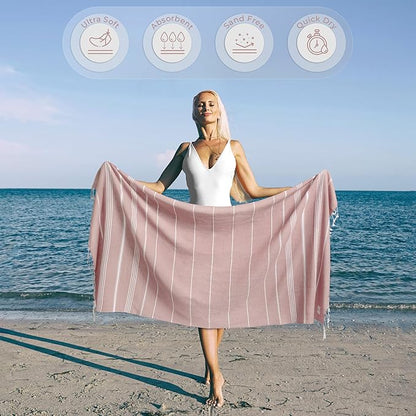 Turkish Beach Towel Quick Dry & Absorbent Oversized (39" x 71") - Lightweight, Versatile and Functional as Picnic and Beach Blanket, Yoga, Gym and Vacation Towels - Powder