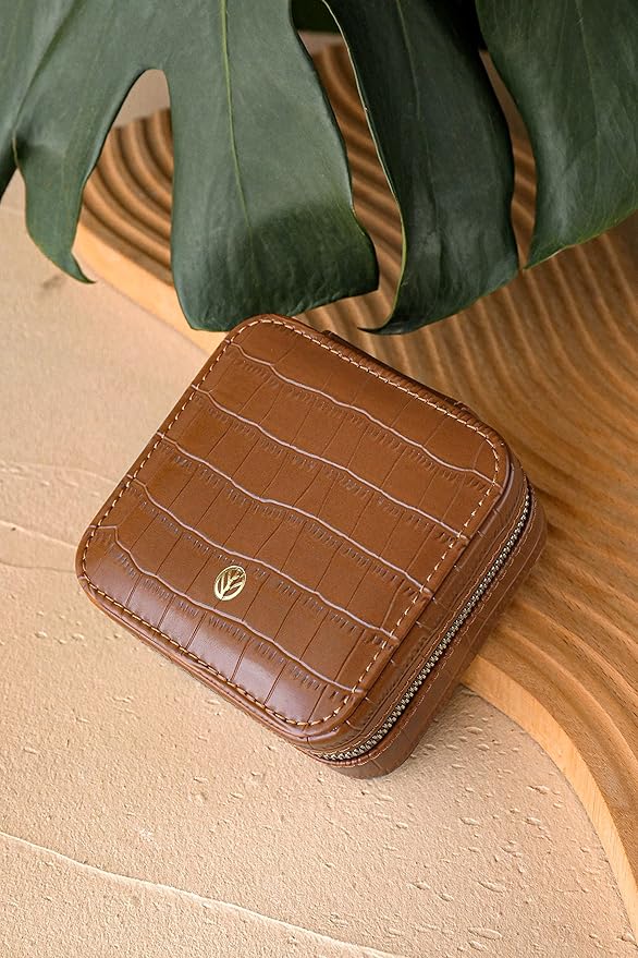 S.Leaf Travel Jewelry Organizer Boxes for Women Small Portable Necklace Earrings Bracelet Rings Travel Case Best Friend Birthday Gifts for Women Trendy (12_Pattern_Crocodile_Brown_01)