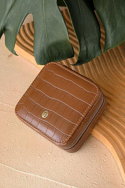 S.Leaf Travel Jewelry Organizer Boxes for Women Small Portable Necklace Earrings Bracelet Rings Travel Case Best Friend Birthday Gifts for Women Trendy (12_Pattern_Crocodile_Brown_01)