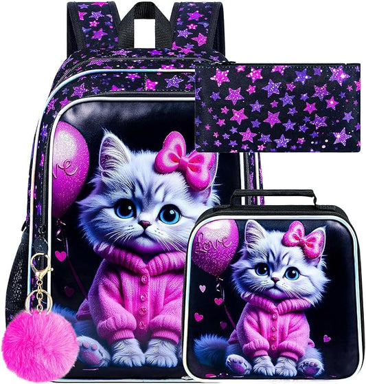 WZLVO 3PCS Girls Cat Bookbag Set, 16" Glittery UV Printing Kids Backpack/School Bag with Lunch Box & Pencil Bag for Preschool to Elementary - Pink Well-Behaved Cat