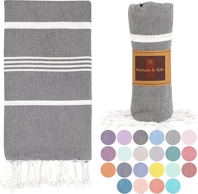 Beach Towel 100% Cotton Turkish Beach Towel Adult 38x70 Inch Pre-washed Absorbent Extra Large|Sand Free Quick Dry BathTowels|Lightweight Blanket|Travel Cruise Camping Spa Gym Towel|Gray Pinstripe
