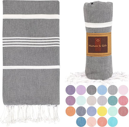 Beach Towel 100% Cotton Turkish Beach Towel Adult 38x70 Inch Pre-washed Absorbent Extra Large|Sand Free Quick Dry BathTowels|Lightweight Blanket|Travel Cruise Camping Spa Gym Towel|Gray Pinstripe