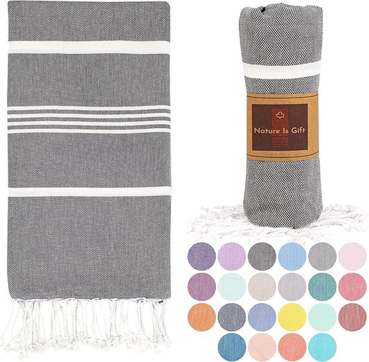 Beach Towel 100% Cotton Turkish Beach Towel Adult 38x70 Inch Pre-washed Absorbent Extra Large|Sand Free Quick Dry BathTowels|Lightweight Blanket|Travel Cruise Camping Spa Gym Towel|Gray Pinstripe