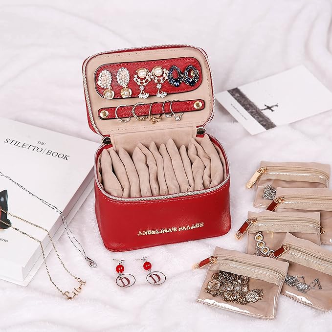 Angelina's Palace Jewelry Organizer Case Bridesmaid Gifts Travel Bag Vegan Leather Box for Necklace Earring Bracelet Ring(brandy)