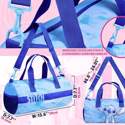 Disney Stitch Kids Duffel Bag, 15x8” Small Travel Bag with Adjustable Strap for Gym, Sports, Overnight Duffle, School Essentials, Gifts for Kids (Blue Stitch)