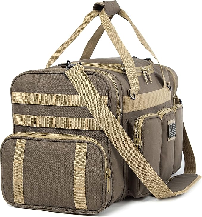 Tactical Range Duffel Heavy Duty Military Molle Gear Travel Sports Gym Bag Lockable Zippers with US Flag Patch (27 In Khaki)