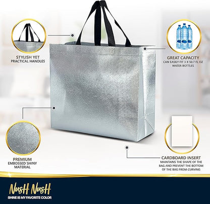 Nush Nush Large Silver Gift Bags Bulk – Set of 30 Silver Reusable Bulk Gift Bags with Handles - Ideal For Small Business, Christmas Party, Thanksgiving, Birthday, Weddings, Events – 13Wx5Dx11H