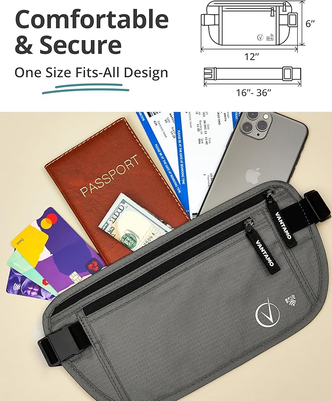 Vantamo Money Belt with RFID For Men & Women, Hidden Passport Holder for Travel, 2 Compartment Travel Fanny Pack for Women Anti Theft