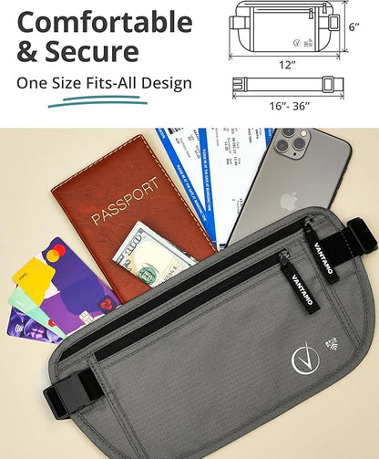 Vantamo Money Belt with RFID For Men & Women, Hidden Passport Holder for Travel, 2 Compartment Travel Fanny Pack for Women Anti Theft