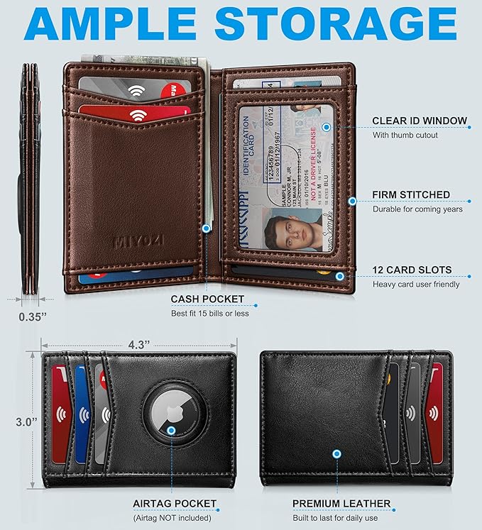 Airtag Slim Leather Wallet for Men - 12-Card Capacity, Magnetic Closure, Money Clip & Simplified Bill Compartment, RFID Blocking (4.3" x 3.0") | Gift Boxed