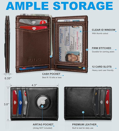 Airtag Slim Leather Wallet for Men - 12-Card Capacity, Magnetic Closure, Money Clip & Simplified Bill Compartment, RFID Blocking (4.3" x 3.0") | Gift Boxed