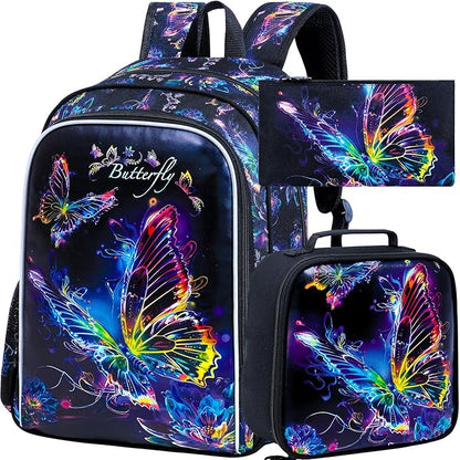 WZLVO 3PCS Butterfly Backpack for Girls, 16" Kids Preschool Bookbag with Lunch Box, Water Resistant School Bag for Elementary Kindergarten Toddler