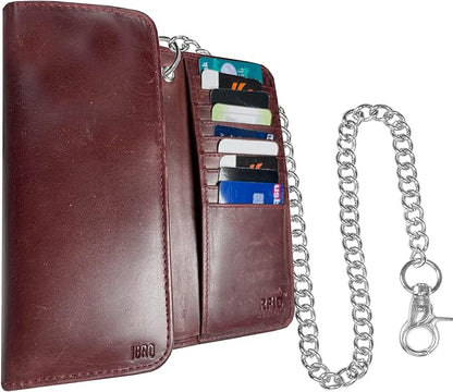 IBRO VINTAGE Motorcycle Chain Wallet for Men – Premium Cowhide Leather, RFID Tri-Fold Biker Wallet with Heavy Duty Chain for Bikers Truckers & Hunters, Credit Card Money Organizer Long Wallet