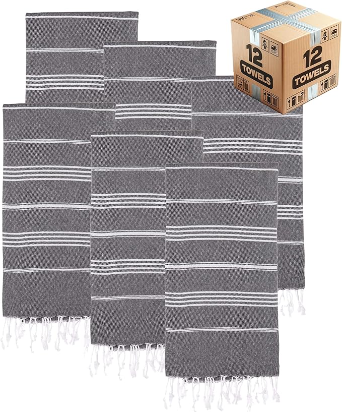 Turkish Beach Towels, Bulk Case of 12 | Oversized, Quick Dry, Sand Free | 100% Cotton, Large 38x71 Towels for Beach, Pool, Travel | Ultra-Soft, Compact, Absorbent | Black