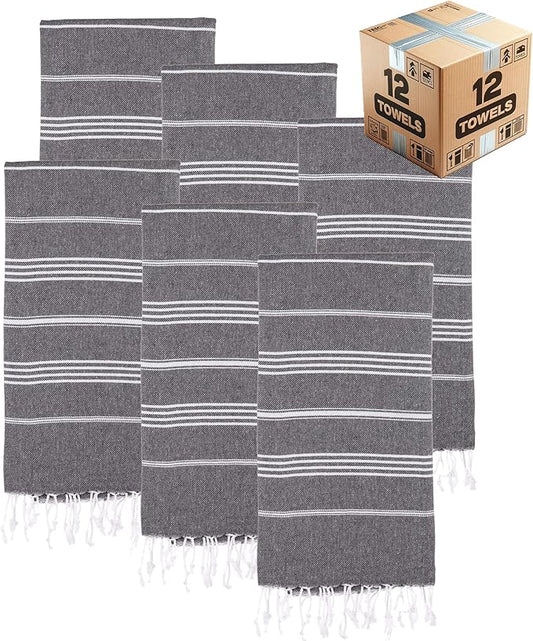 Turkish Beach Towels, Bulk Case of 12 | Oversized, Quick Dry, Sand Free | 100% Cotton, Large 38x71 Towels for Beach, Pool, Travel | Ultra-Soft, Compact, Absorbent | Black