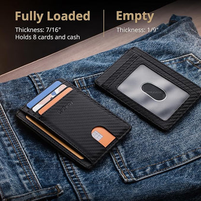 Buffway Slim Minimalist Front Pocket RFID Blocking Leather Wallets for Men and Women - Carbon Fiber Black