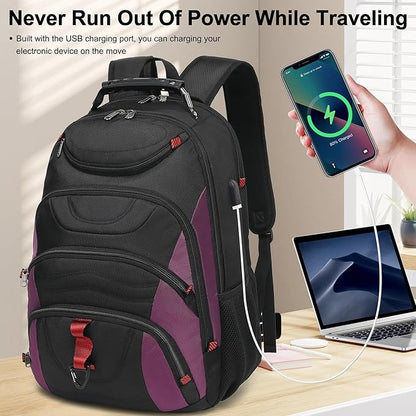 Boavan Laptop Backpack for men, 17.3 inch Laptop Bag with USB Port, Waterproof Travel Work Backpack Purse, Anti-Theft Teacher Nurse Doctor Casual Bookbags Office Business backpack，Black& Purple